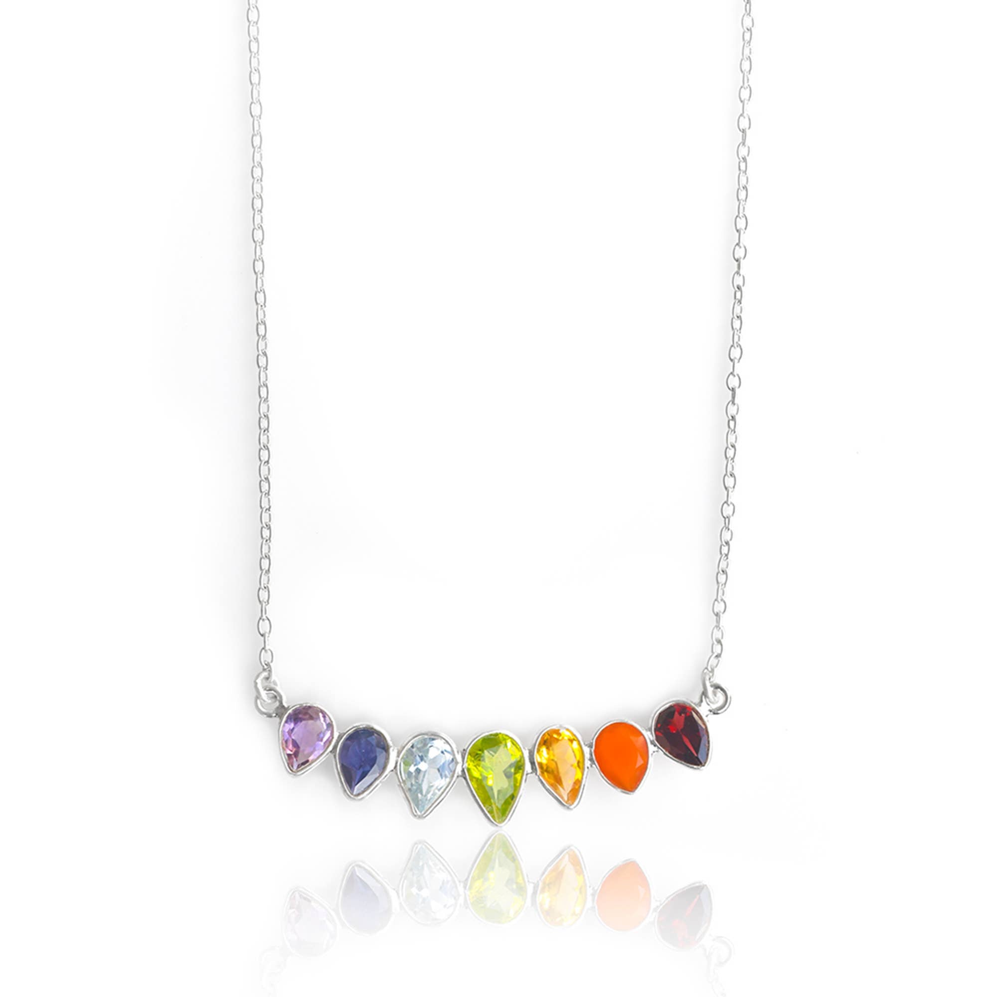 Collier Chaîne en Argent Sterling 925 avec Pierres Précieuses Chakra améthyste iolite topaze bleue péridot citrine grenat