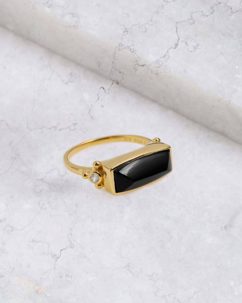 Bague en Argent 925 Plaqué Or avec Onyx Noir et Topaze Blanche