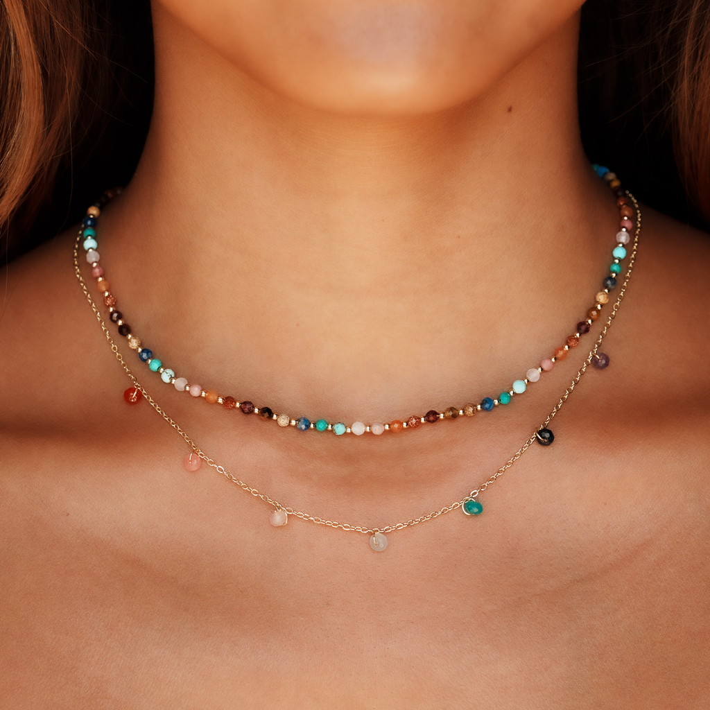 Collier Goutte de Rosée Guérisseur Maître en Or Master Healer 7 chakras 3mm  Quartz rose, Jaspe, Amazonite, Agate, Œil de tigre, Rhodolite, Lapis-lazuli