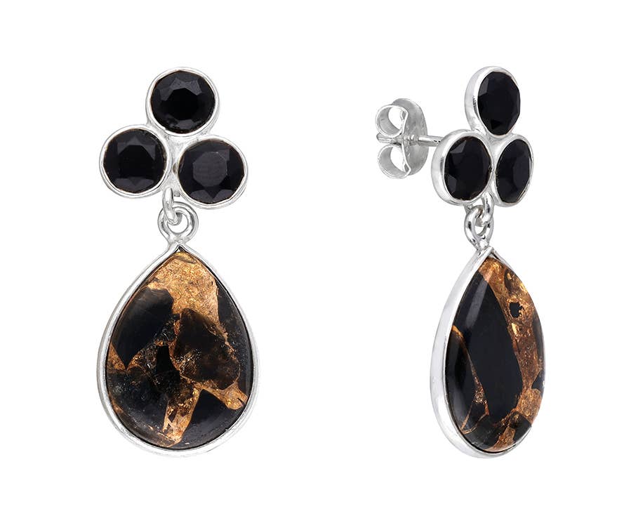 Boucles d'oreilles à tige en laiton et argent sterling 925 en Onyx noir