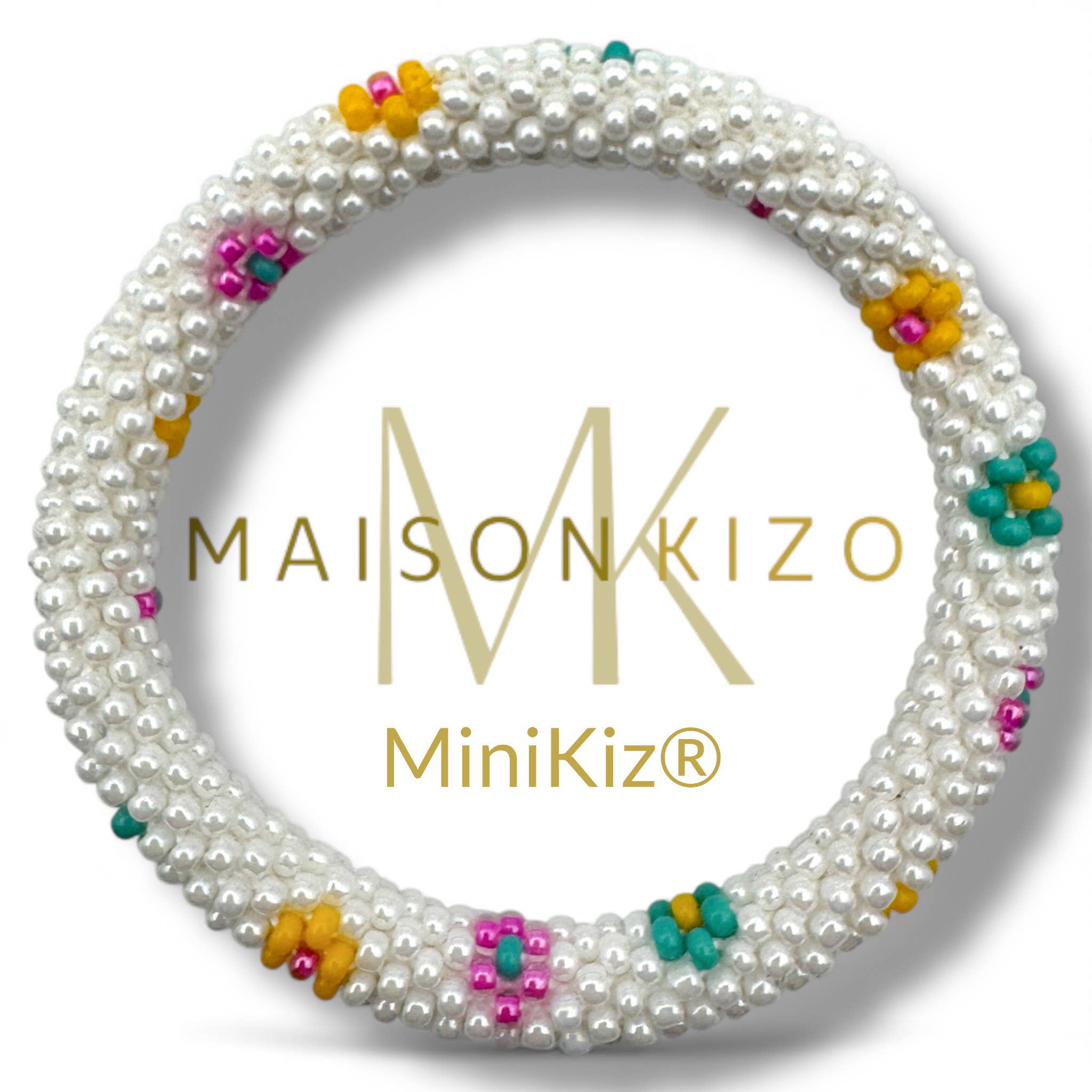 Bracelet népalais MINIKIZ enfant et petit poignet adulte K65 Blanc fleur Rose Jaune Vert
