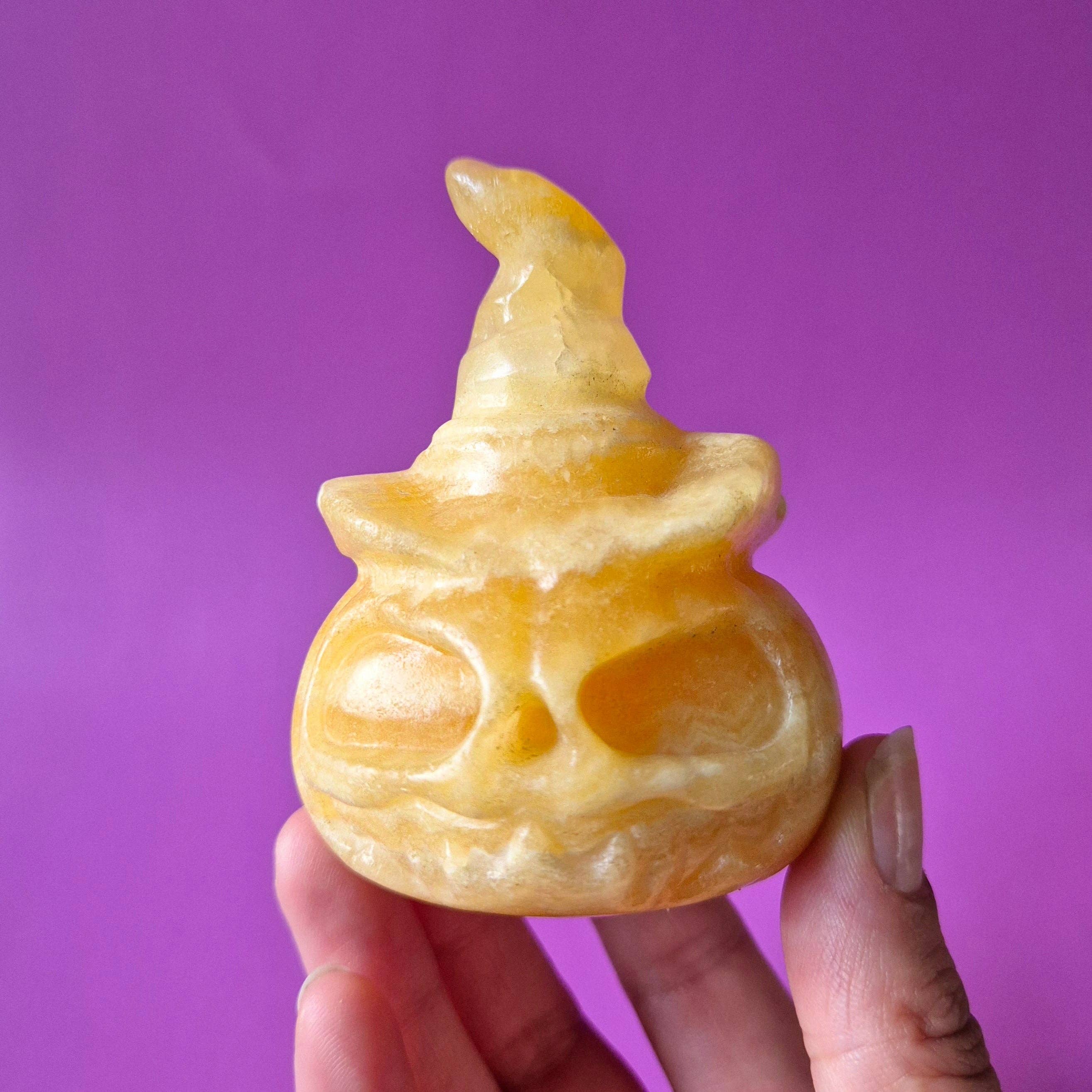 Citrouille d'Halloween en Calcite Miel avec Chapeau – env. 7 cm - Décoration en Pierre Précieuse