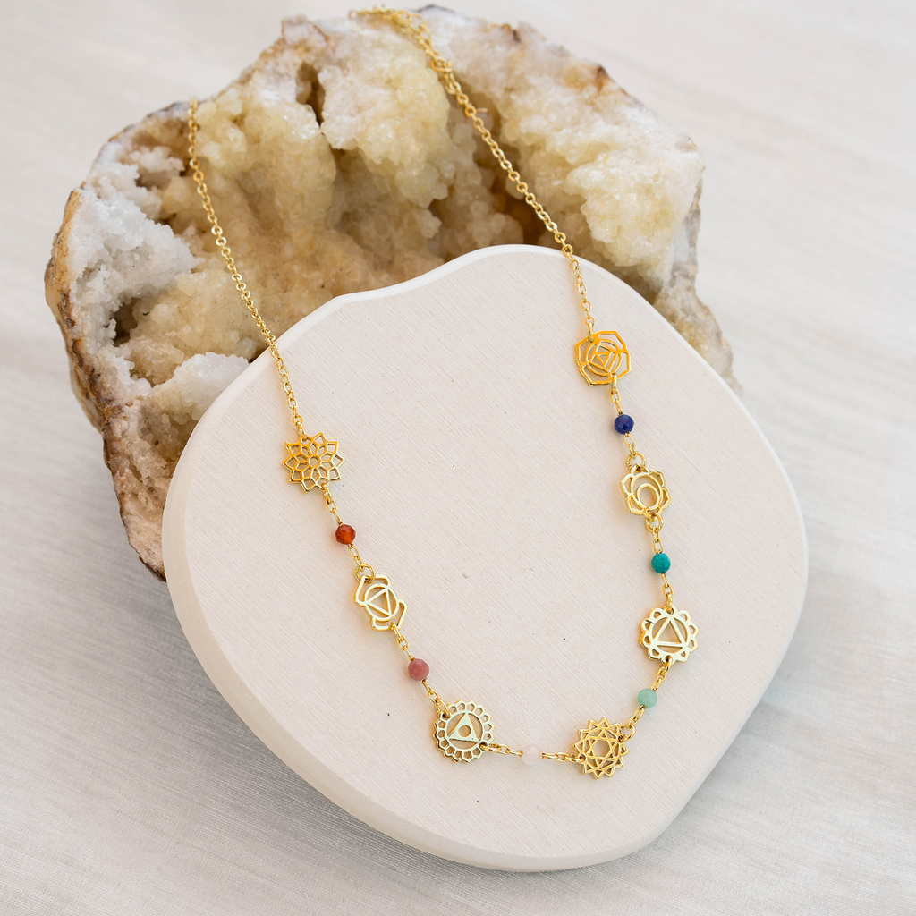 Collier de guérison des sept chakras plaqué or Lapis-lazuli turquoise amazonite quartz rose rhodolite agate