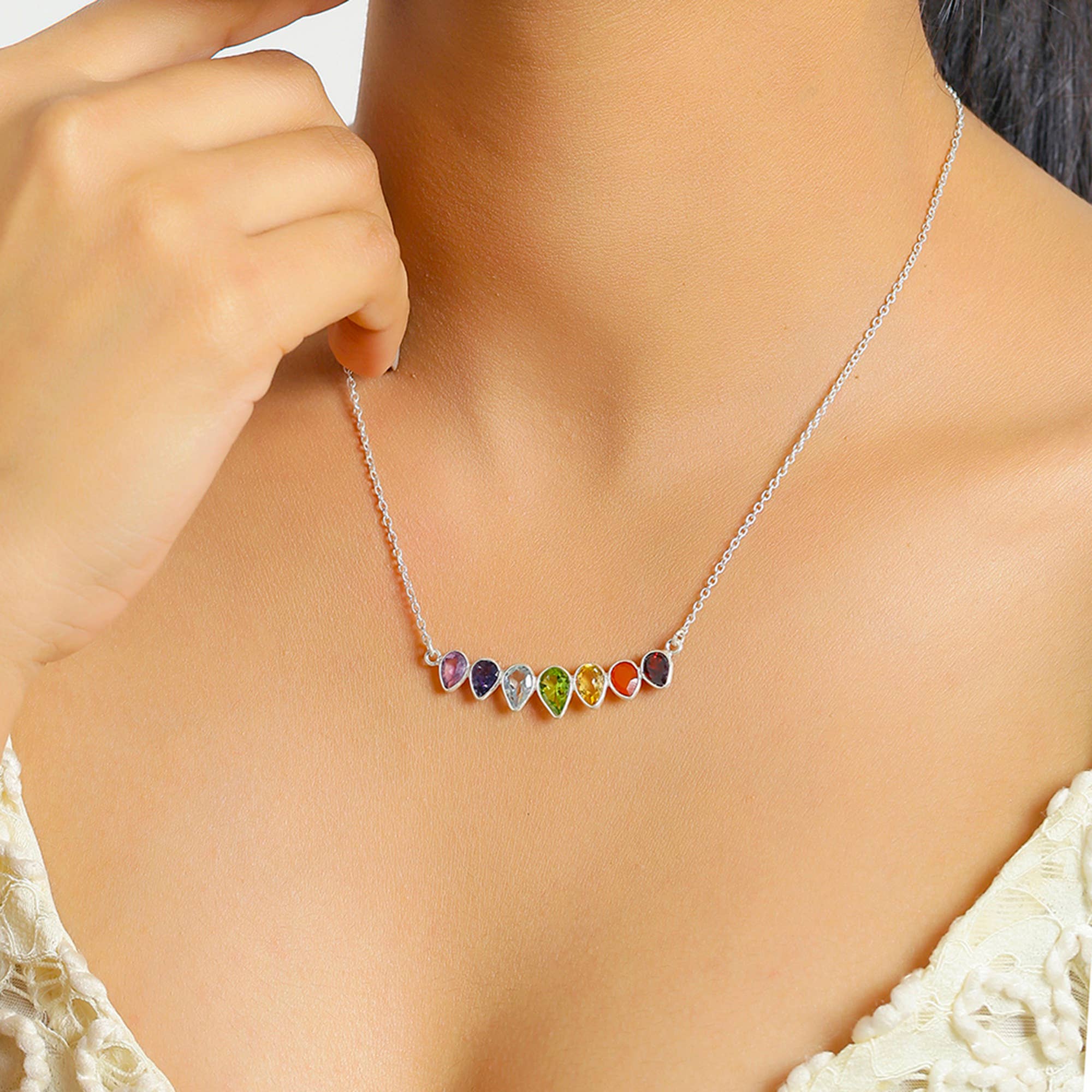 Collier Chaîne en Argent Sterling 925 avec Pierres Précieuses Chakra améthyste iolite topaze bleue péridot citrine grenat