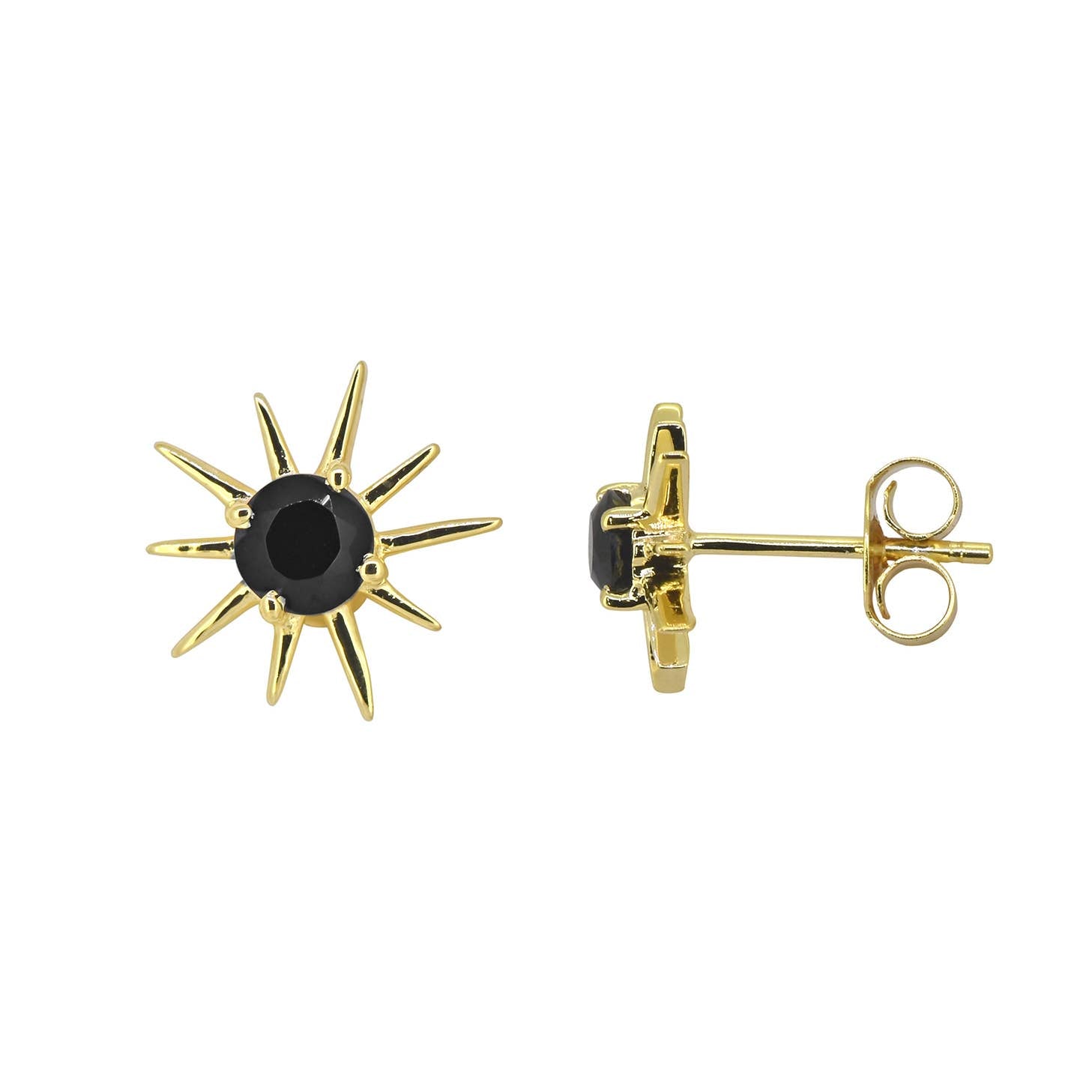 Boucles d'oreilles clous en argent 925 plaqué or avec Onyx noir soleil