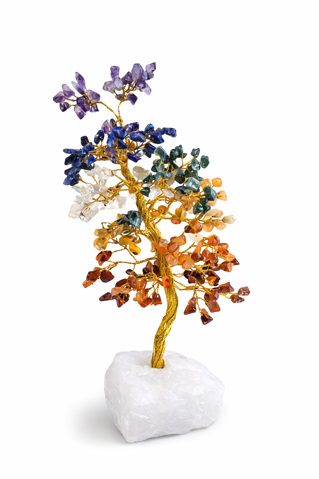 Arbre 7 chakras A 220 a 270mm base quartz Lapis Lazuli - Aigue Marine (teintée) - Quartz Rose Madagascar - Citrine Chauffee - Amethyste Brésil - Aventurine Verte