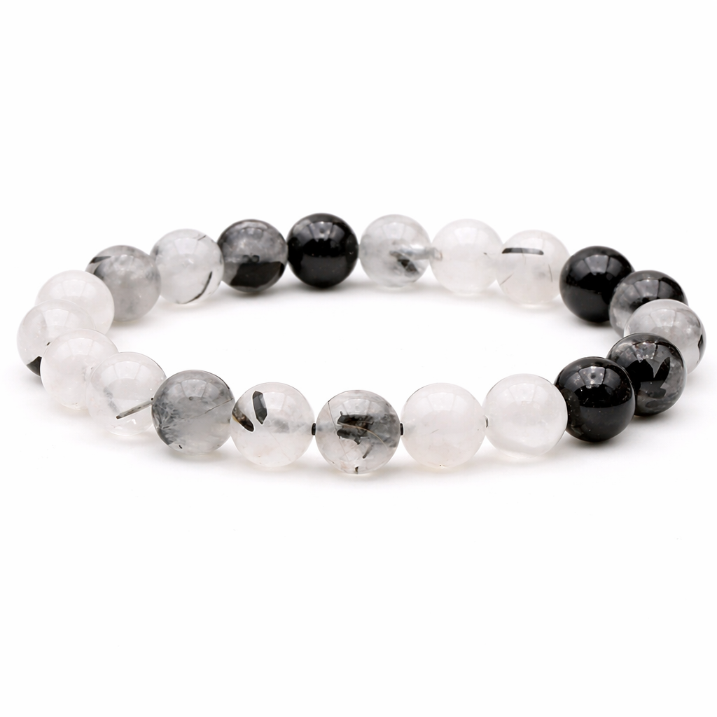Bracelet boule 08mm Cristal de roche Tourmaline A (taille 2)