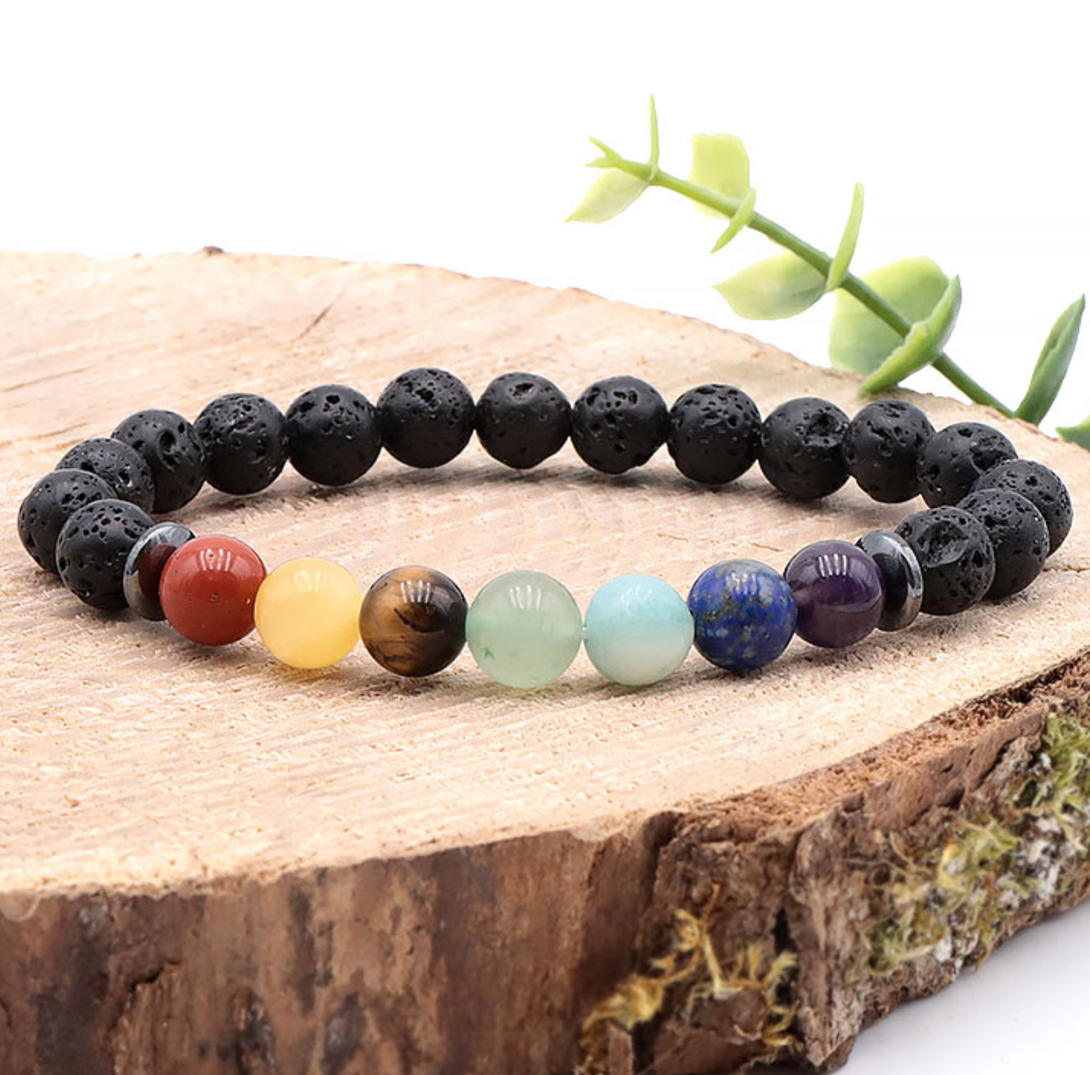 Bracelet boule 08mm 7 chakras + pierre de lave A Jaspe Rouge Calcite Orange Oeil De Tigre Jade Nephrite Amazonit Lapis Lazuli Améthyste Hematite