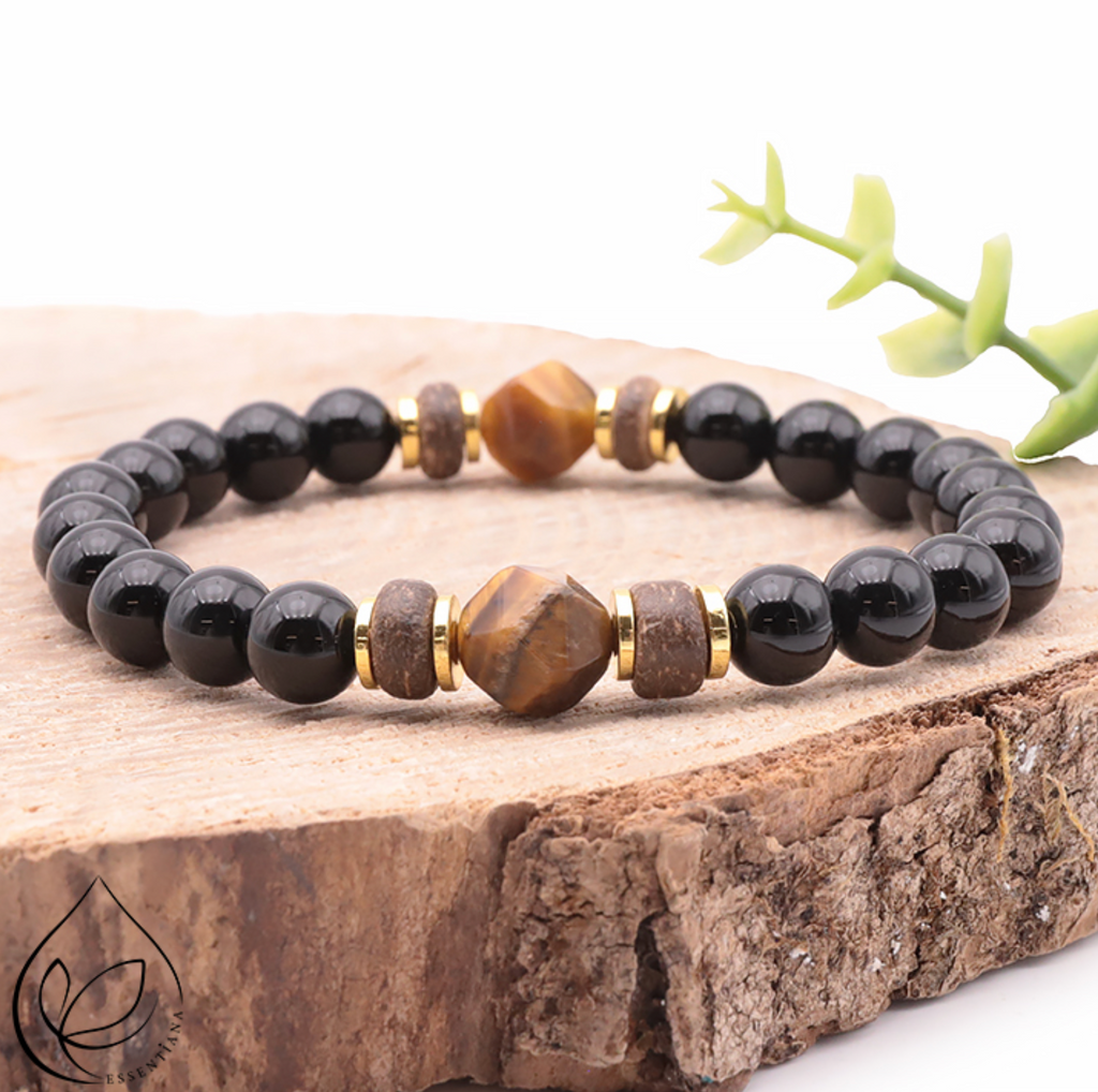 Bracelet Ring doré Onyx, bois, Oeil de tigre A Essentiana