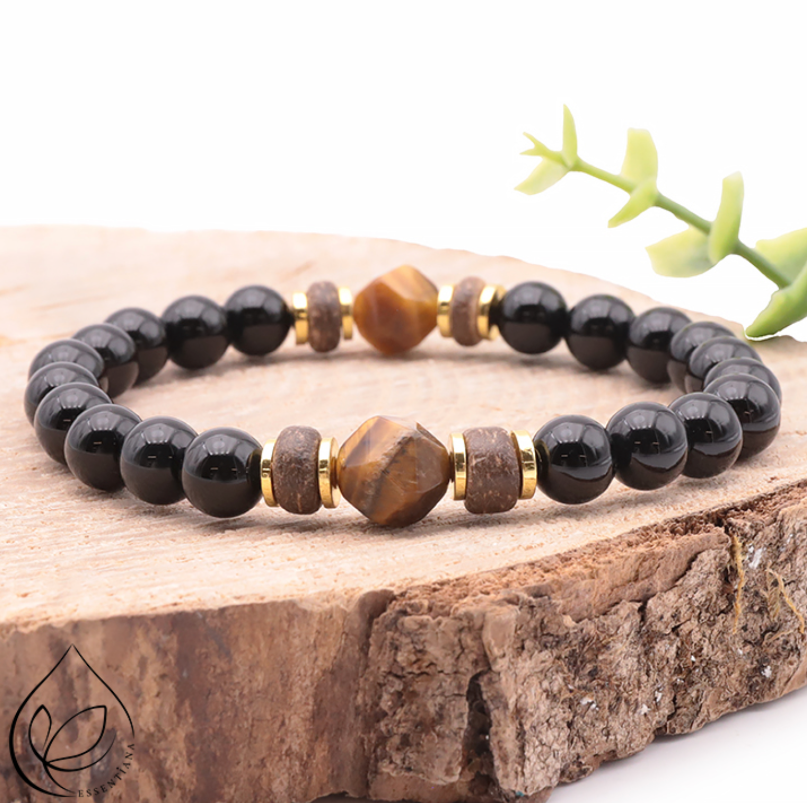 Bracelet Ring doré Onyx, bois, Oeil de tigre A Essentiana