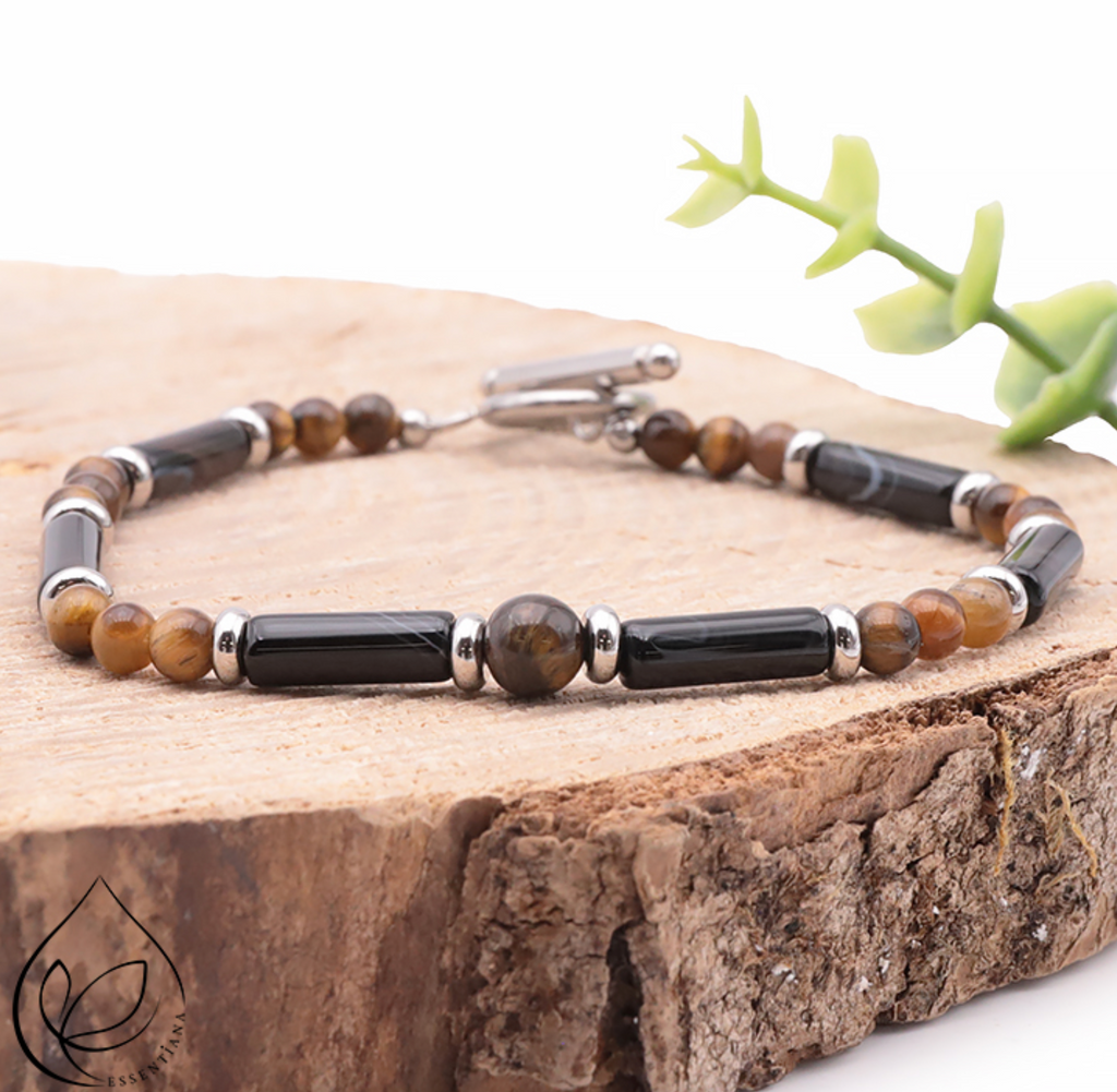 Bracelet Légende argenté Homme oeil de tigre, onyx A Essentiana