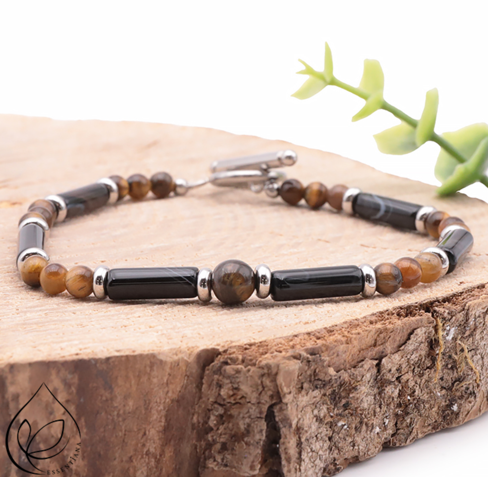 Bracelet Légende argenté Homme oeil de tigre, onyx A Essentiana