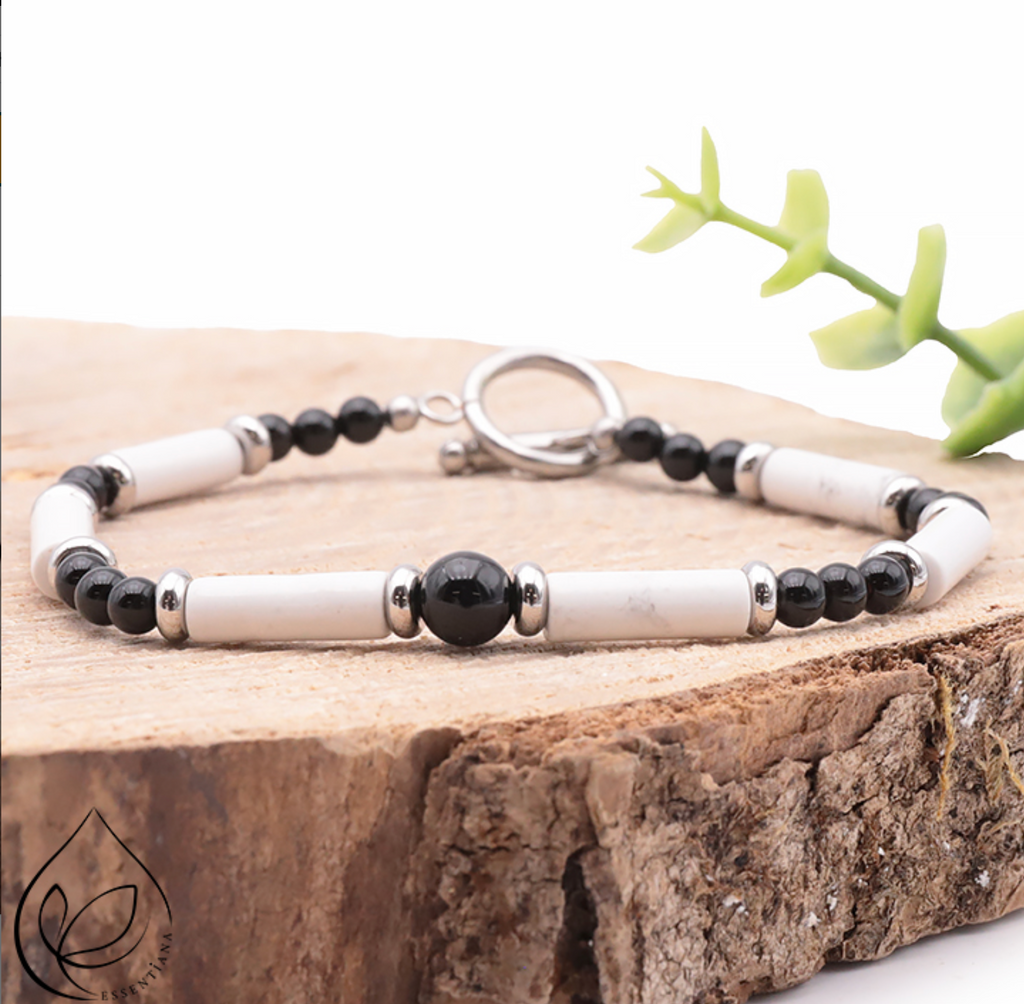 Bracelet Légende argenté Homme onyx, howlite blanche A Essentiana