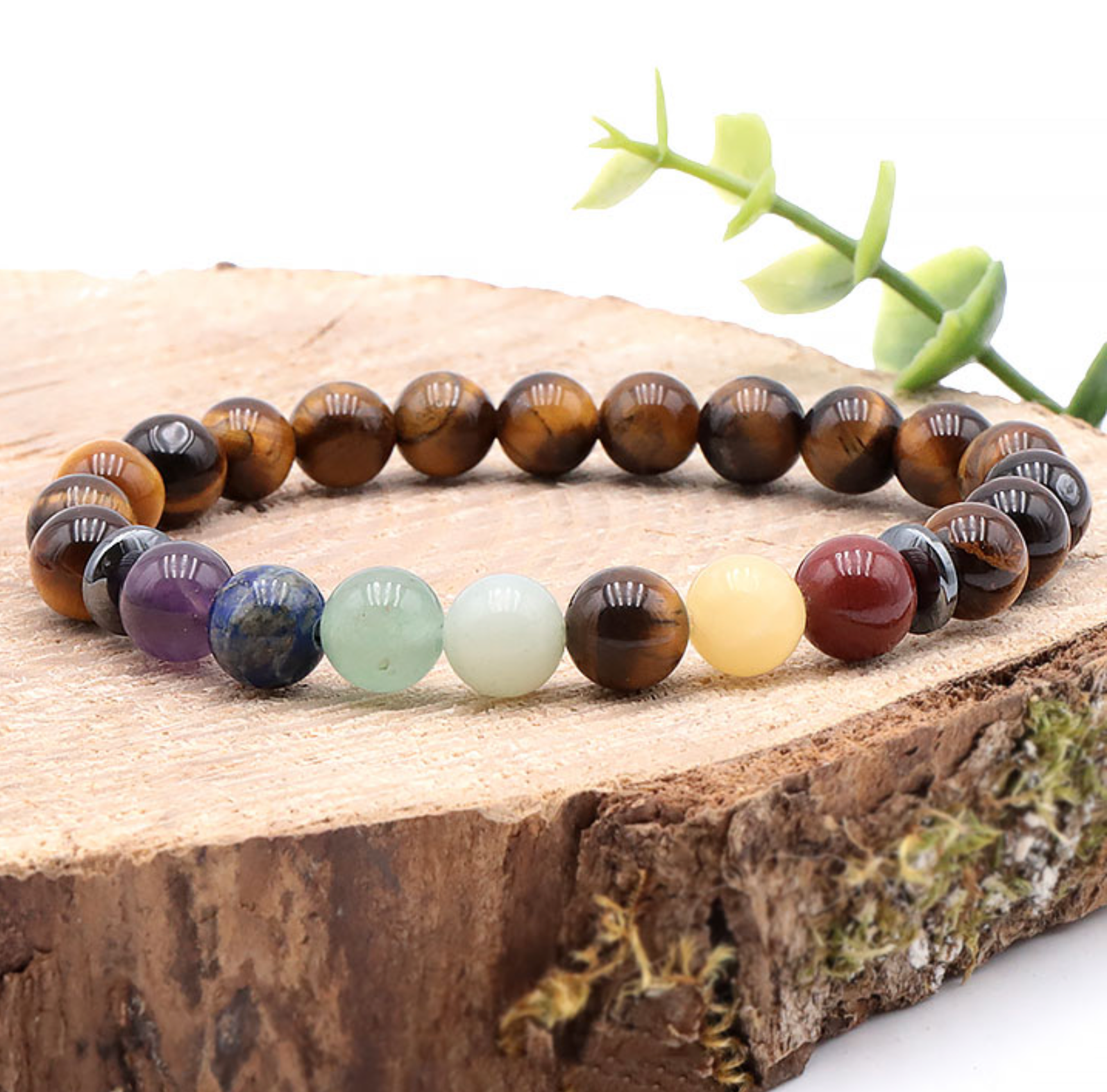 Bracelet boule 08mm 7 chakras + Oeil de tigre A Jaspe Rouge Calcite Orange Oeil De Tigre Aventurine Verte Amazonite Lapis Lazuli Améthyste&nbsp;
