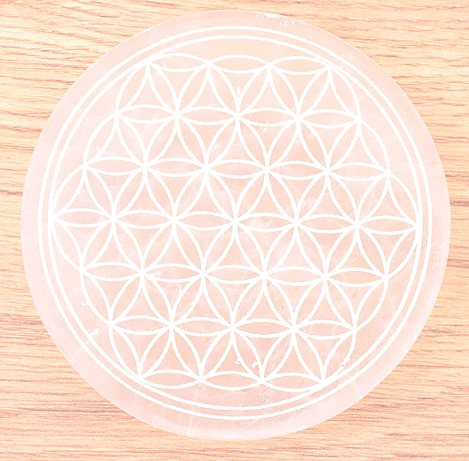 Plaque Sélénite A+ fleur de vie 70 à 80mm ( 1 pièce) - mod 03