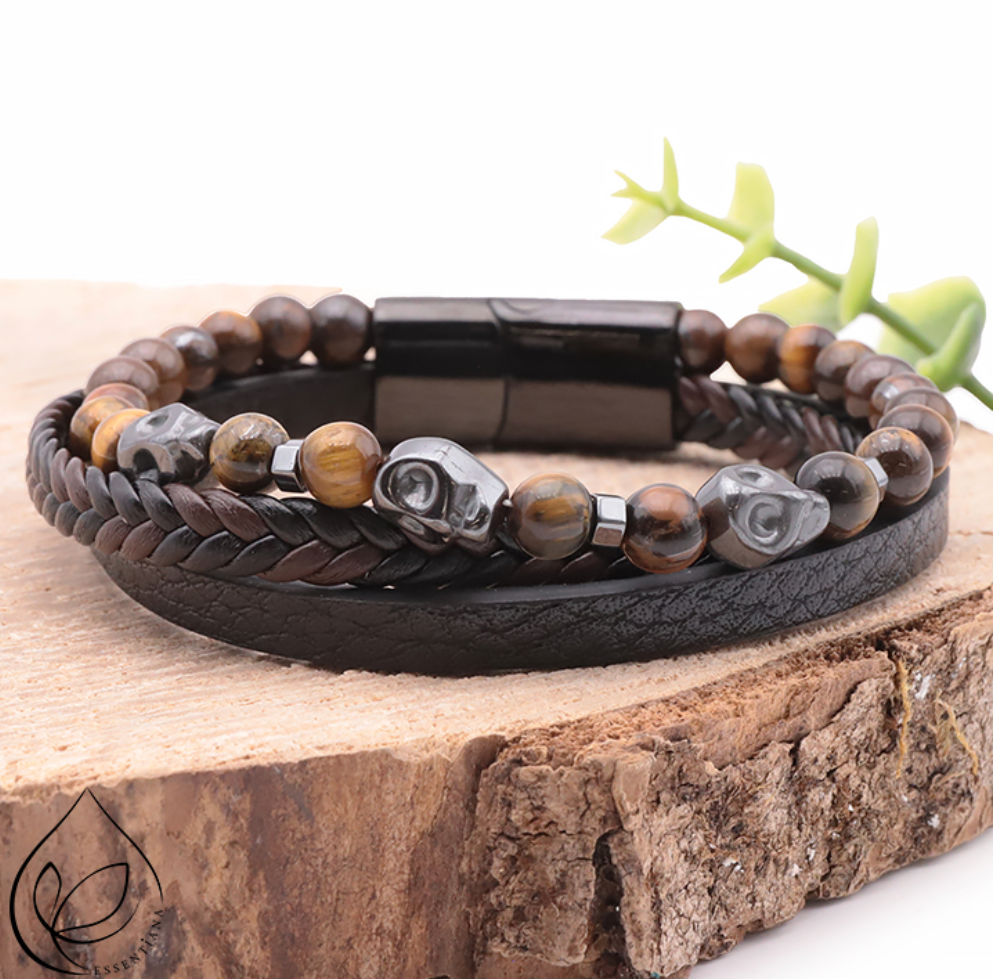 BRACELET NOXIS CUIR NOIR HOMME OEIL DE TIGRE A