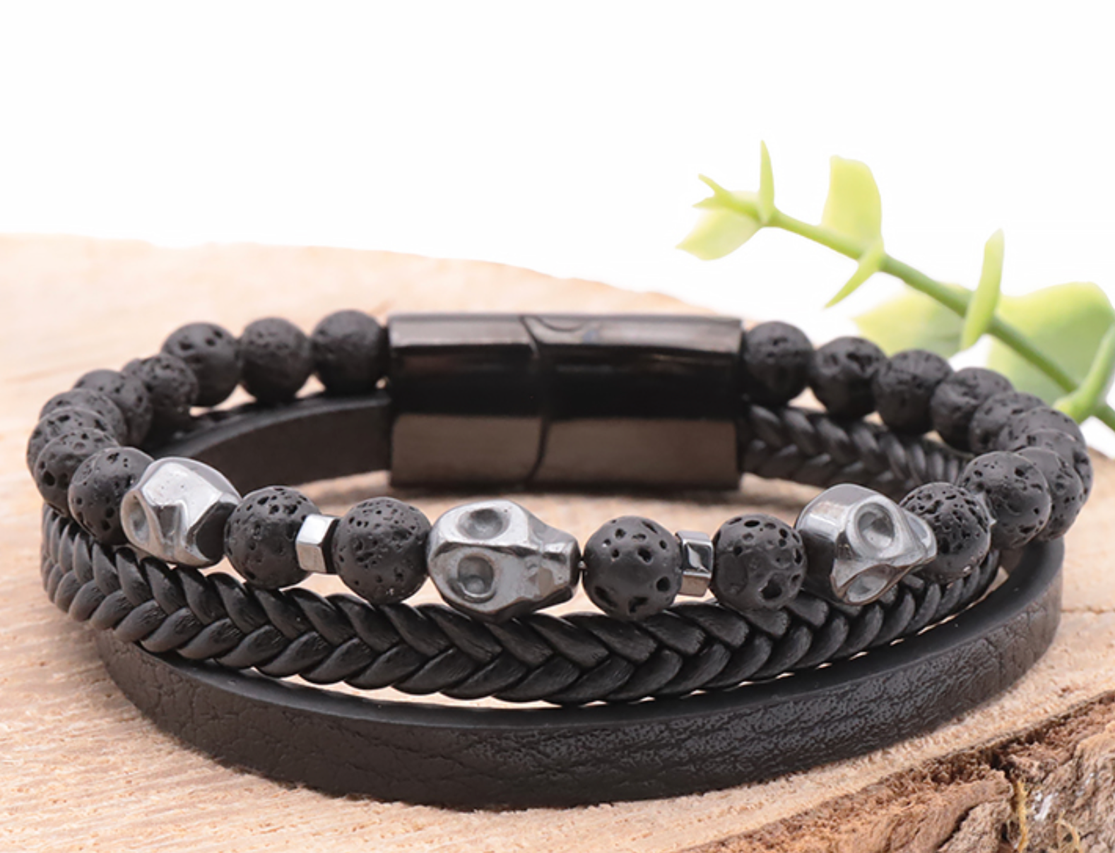 BRACELET NOXIS CUIR NOIR Homme PIERRE DE LAVE A