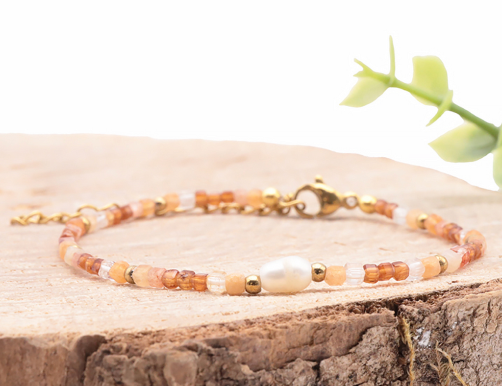 BRACELET VAYA DORÉ PERLE D'EAU DOUCE PIERRE DE SOLEIL CORNALINE CRISTAL DE ROCHE A