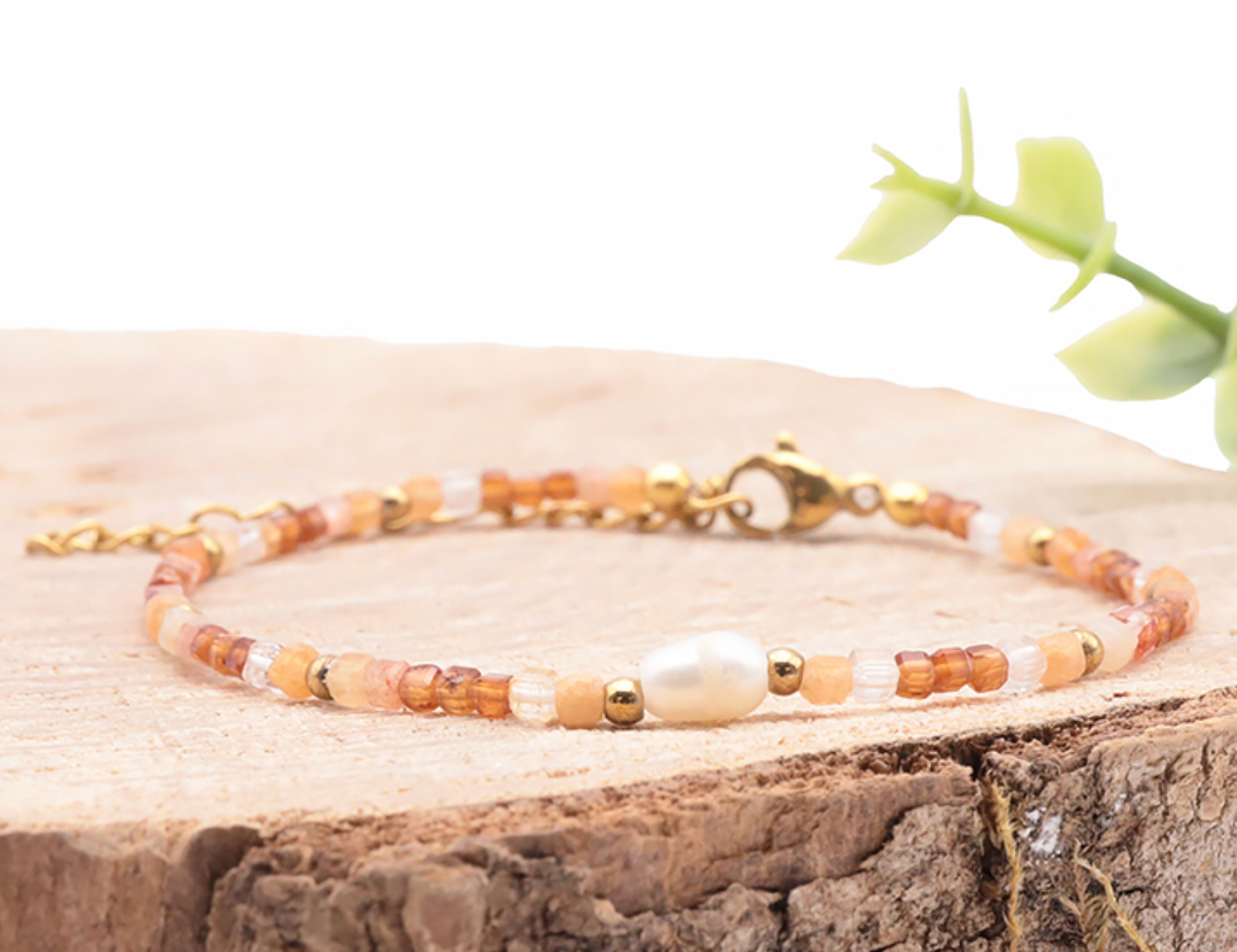 BRACELET VAYA DORÉ PERLE D'EAU DOUCE PIERRE DE SOLEIL CORNALINE CRISTAL DE ROCHE A