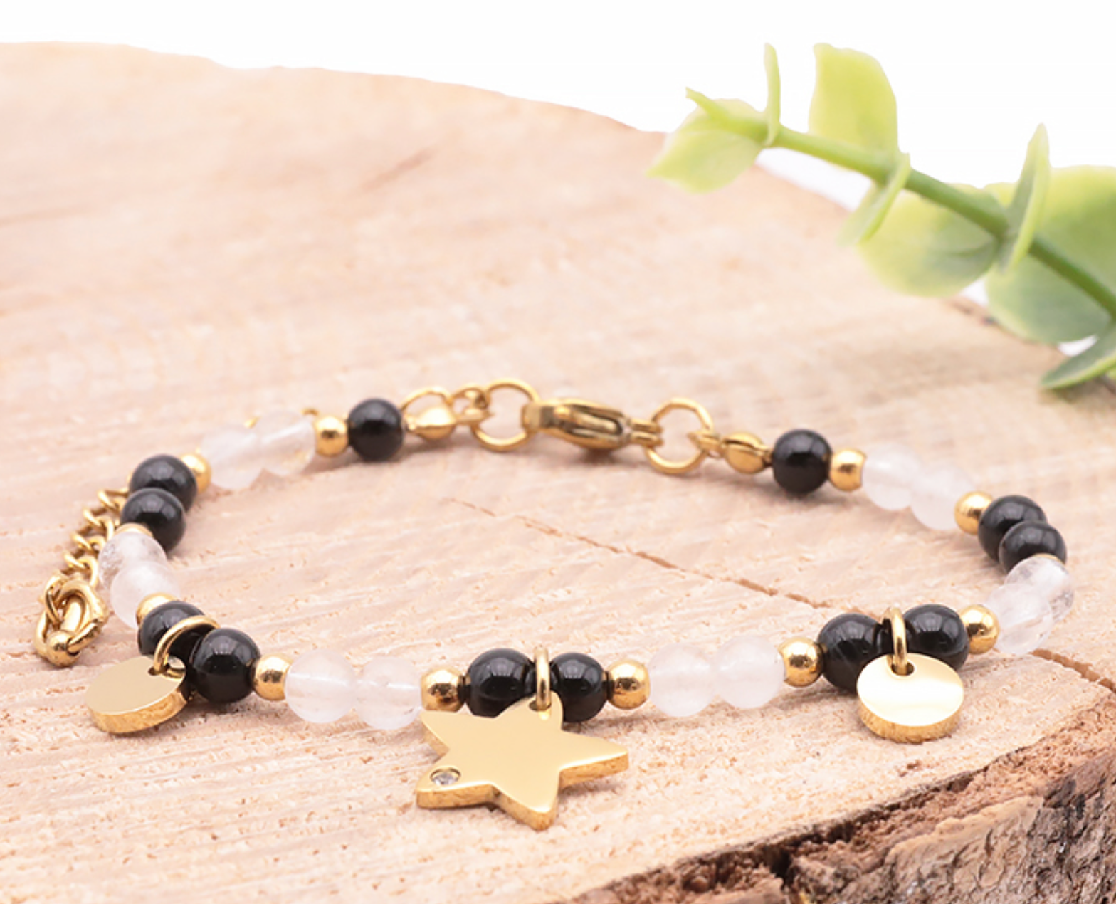 Bracelet Mira doré Onyx, Cristal de roche A