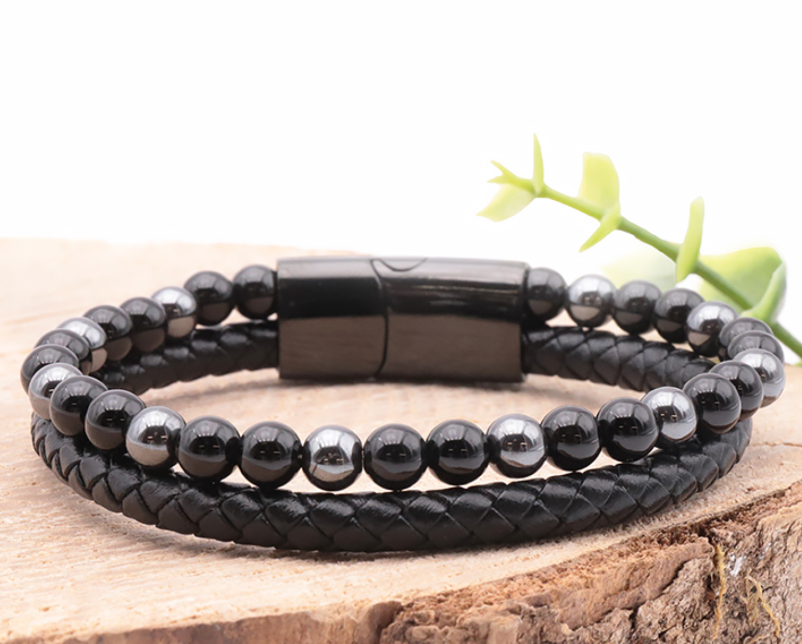 Bracelet Aska cuir noir Homme Hématite, Onyx A