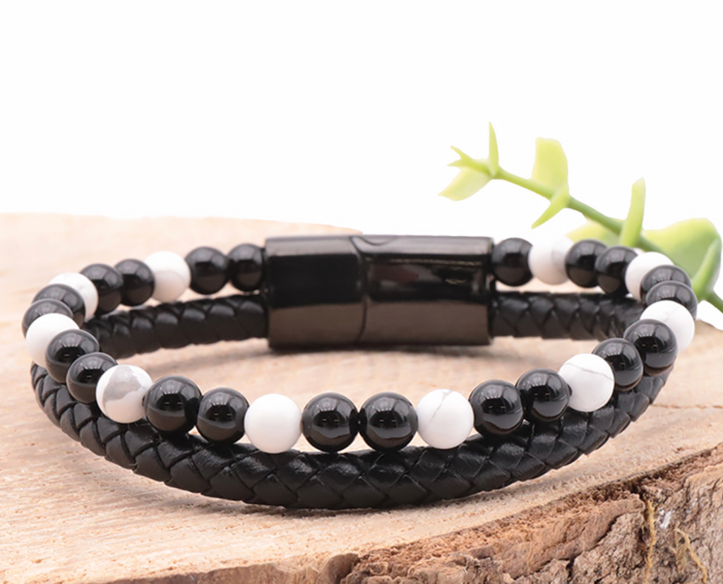 Bracelet Aska cuir noir Homme Howlite Blanche, Onyx A