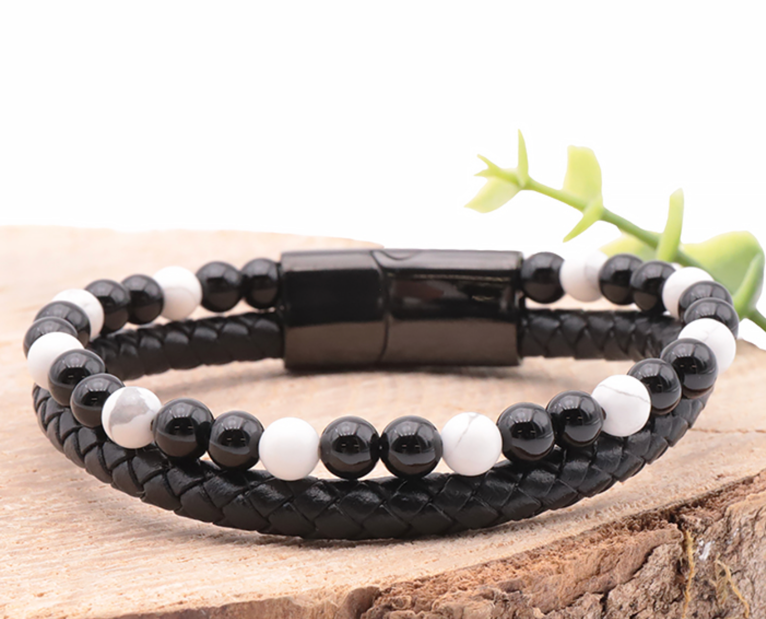 Bracelet Aska cuir noir Homme Howlite Blanche, Onyx A