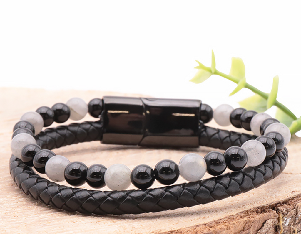 Bracelet Aska cuir noir Homme Labradorite, Onyx A