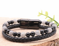 Bracelet Aska cuir noir Homme Labradorite, Onyx A
