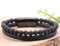 Bracelet Aska cuir noir Homme Pierre de lave, Shungite A