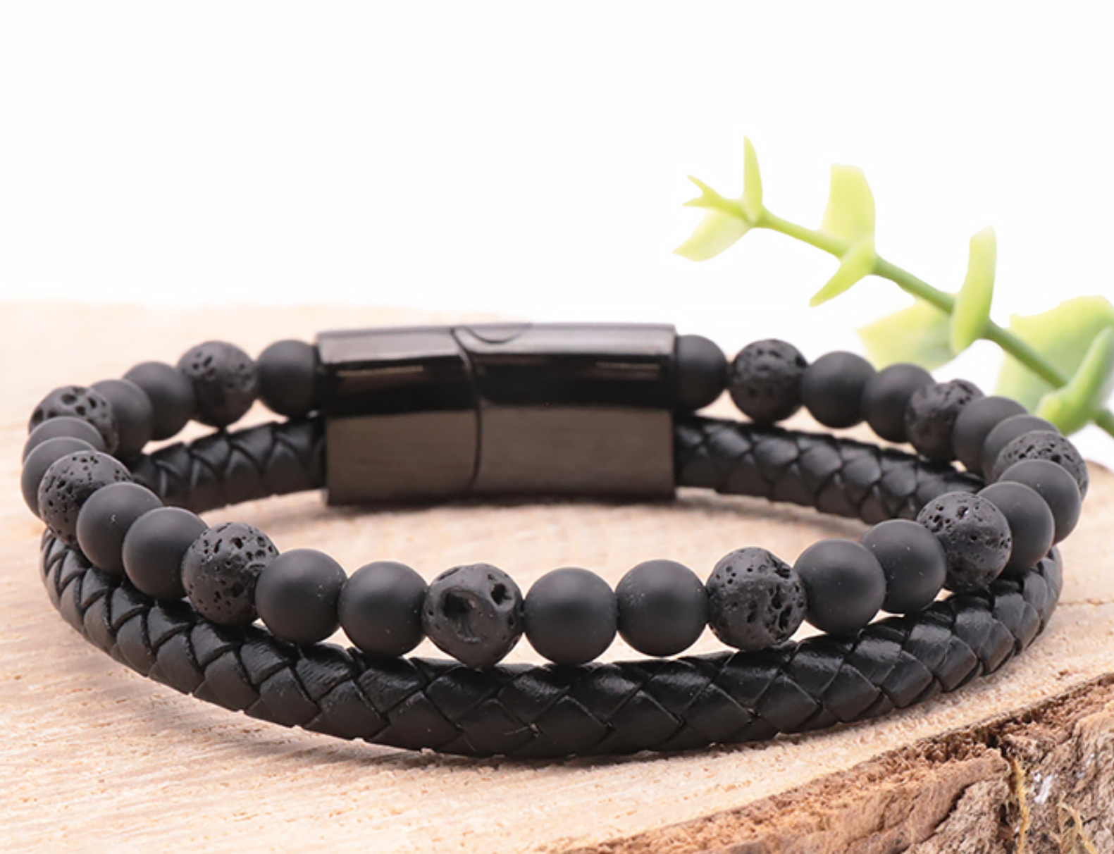 Bracelet Aska cuir noir Homme Pierre de lave, Shungite A
