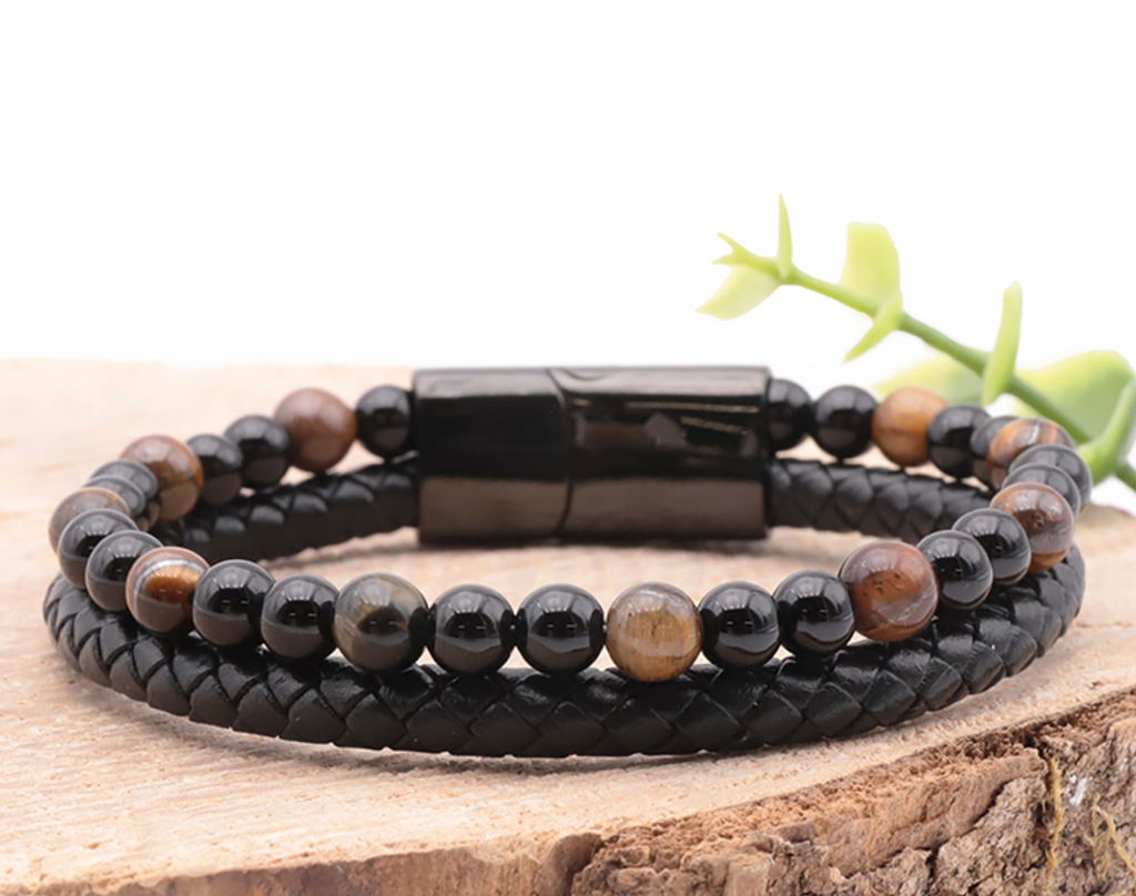 Bracelet Aska cuir noir Homme Oeil de tigre, Onyx A