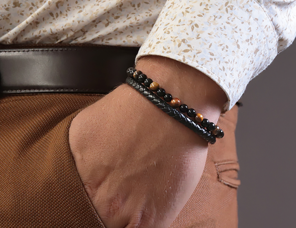 Bracelet Aska cuir noir Homme Oeil de tigre, Onyx A