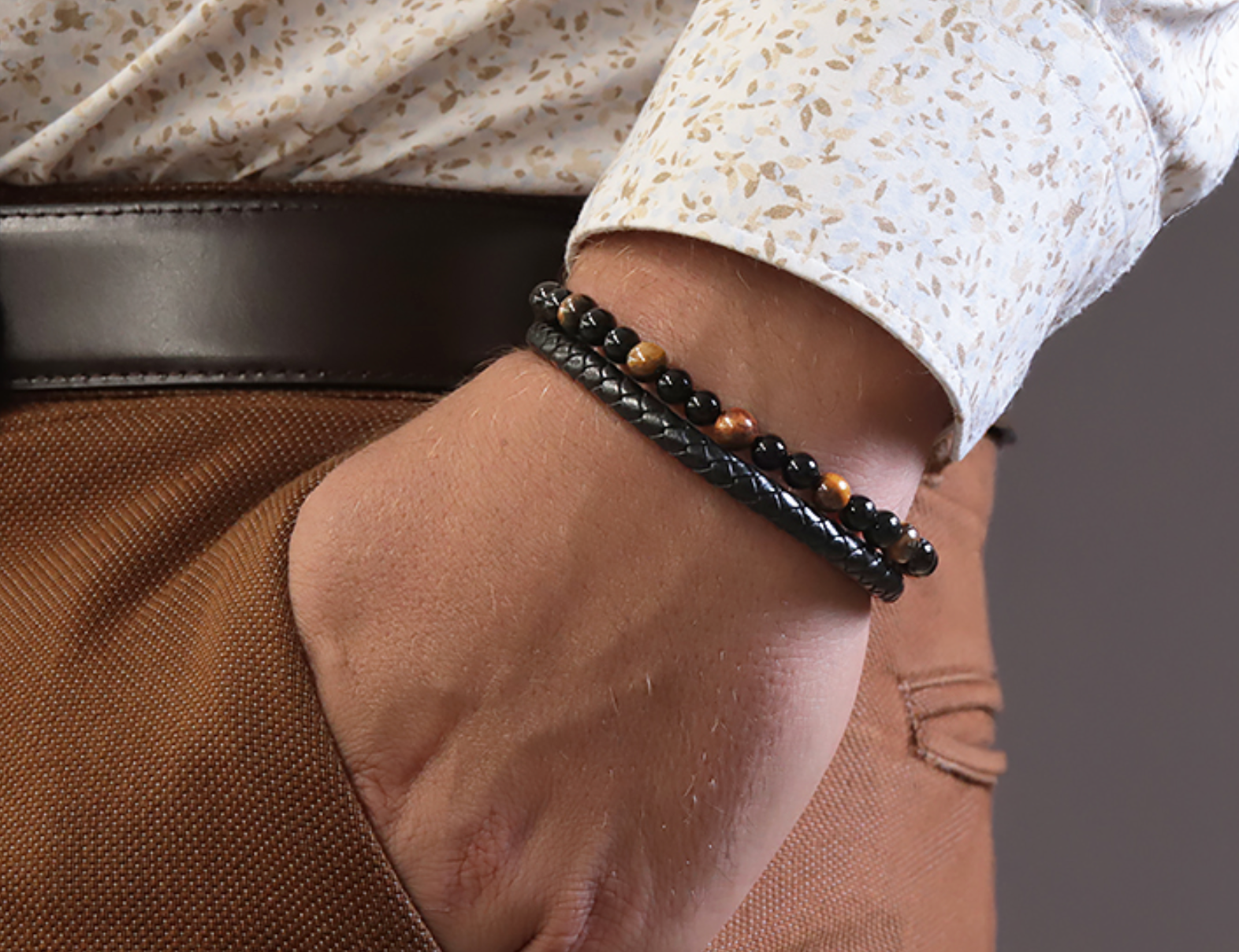 Bracelet Aska cuir noir Homme Oeil de tigre, Onyx A