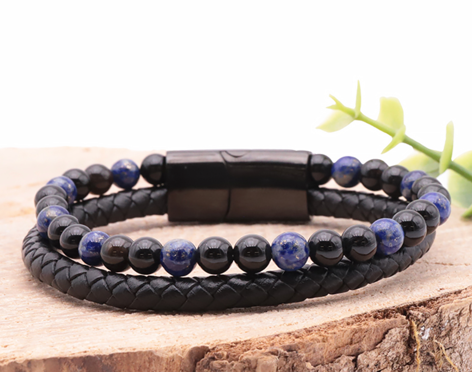 Bracelet Aska cuir noir Homme lapis lazuli, onyx A