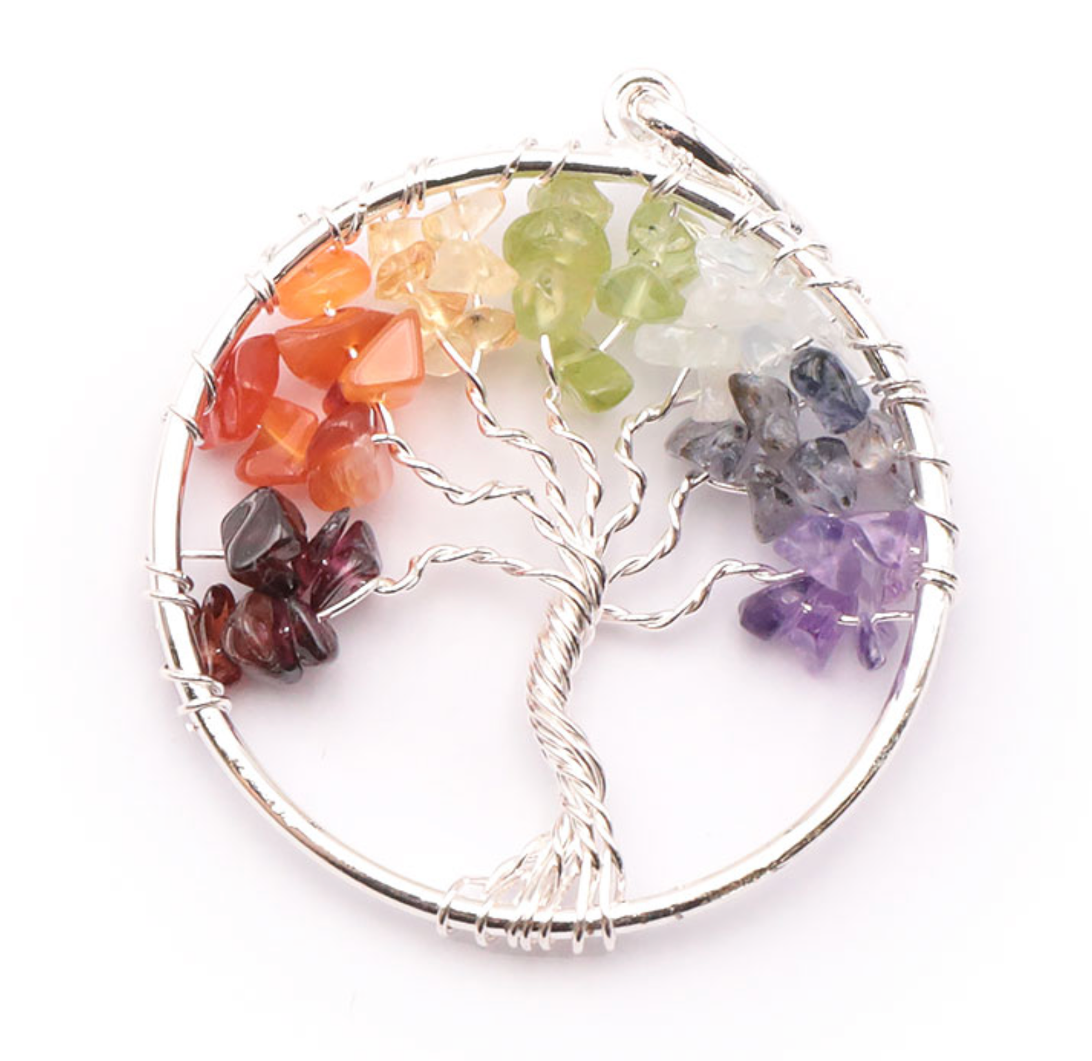 Pendentif arbre de vie 40mm 7 chakras A Améthyste Cordiérite Aigue Marine Péridot Citrine Chauffée Cornaline Grenat Rouge