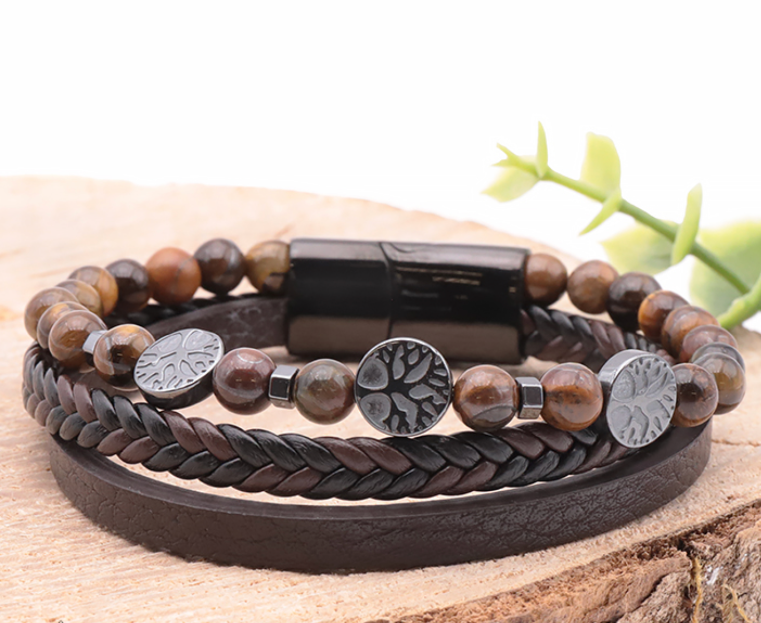 BRACELET KORU CUIR BRUN HOMME OEIL DE TIGRE A