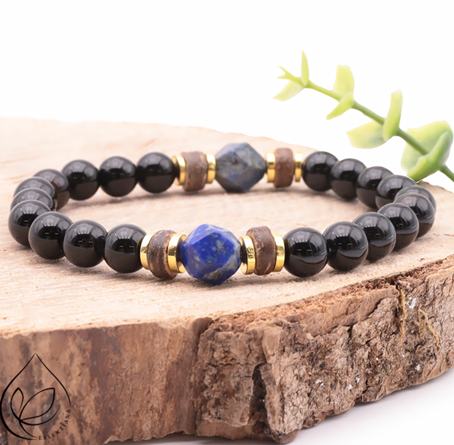Bracelet Ring doré onyx, bois, lapis lazuli A