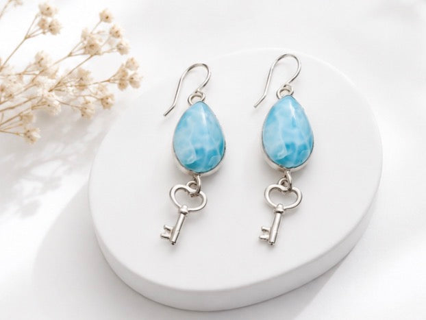 Boucles d'Oreilles Larimar clef en Argent