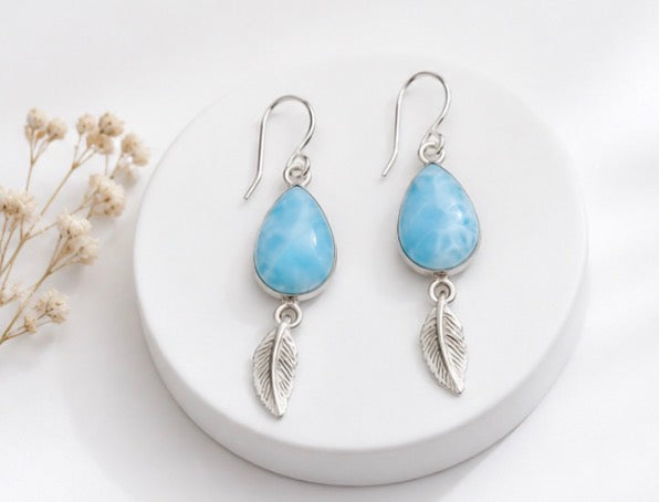 Boucles d'oreilles Larimar plume en Argent