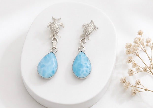 Boucles d'oreilles Larimar tortue en Argent
