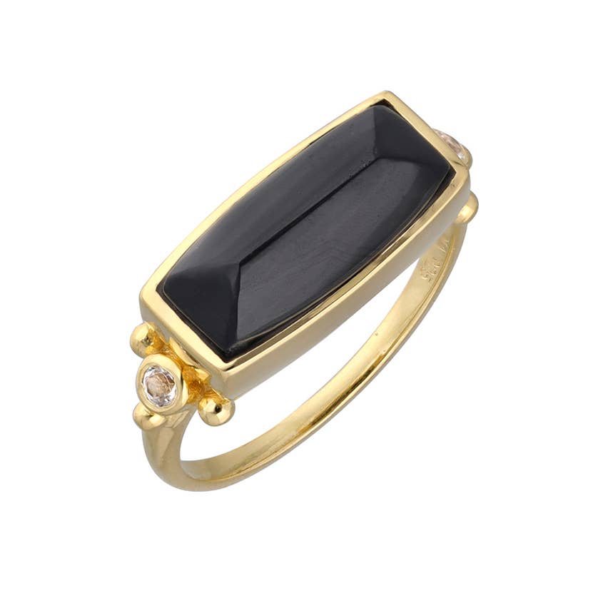 Bague en Argent 925 Plaqué Or avec Onyx Noir et Topaze Blanche