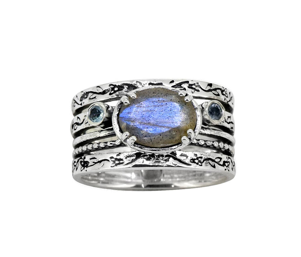 Bague ancienne en argent sterling Labradorite et Topaze bleue suisse