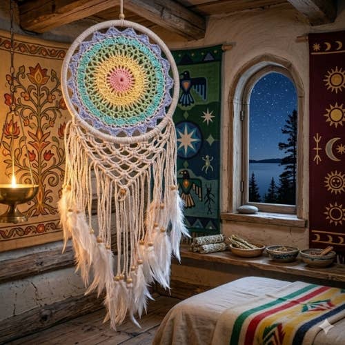 Attrape-rêves multicolore avec pièce tricotée, plumes et perles