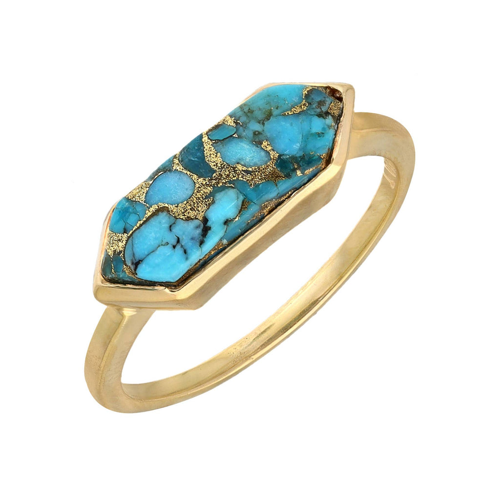 Bague HexaGlow en Turquoise Bleu Cuivre Plaqué Or sur Argent
