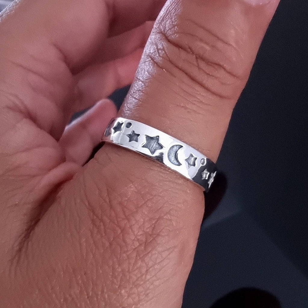 Bague Bande Unisexe Étoile et Lune Argent | Argent Sterling 925, R18