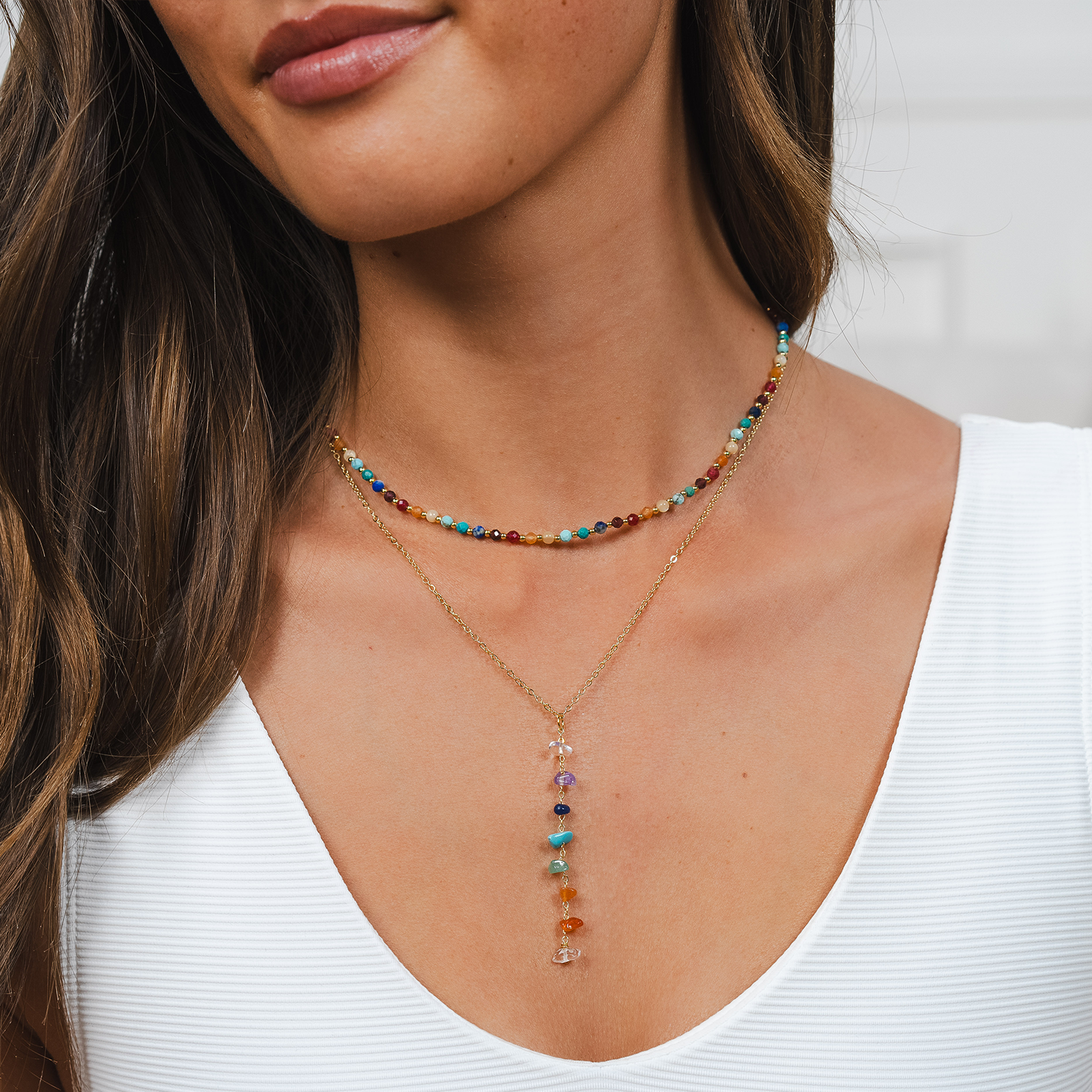 Collier de guérison des 7 chakras Plaqué or Quartz Cornaline Agate Jade Turquoise Lapis lazuli Améthyste