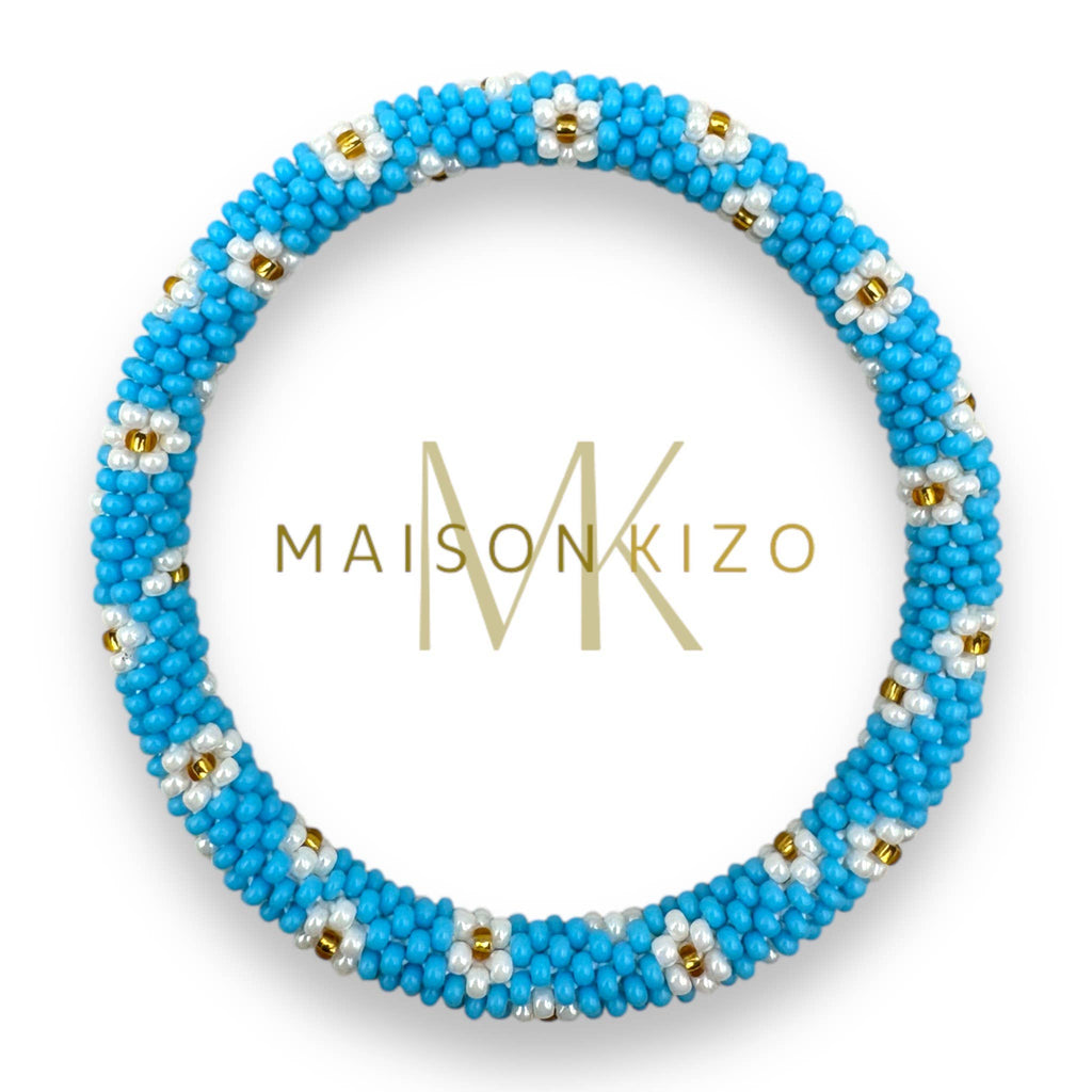 Bracelet népalais E02 Bleu à fleurs blanche doré