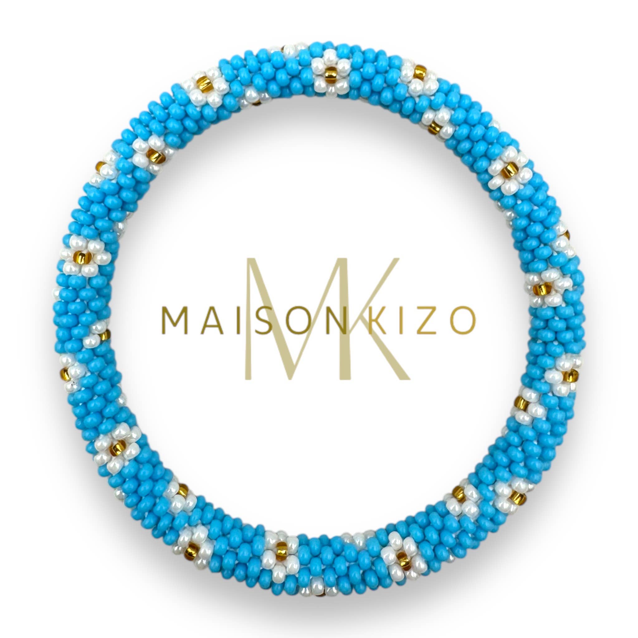 Bracelet népalais E02 Bleu à fleurs blanche doré
