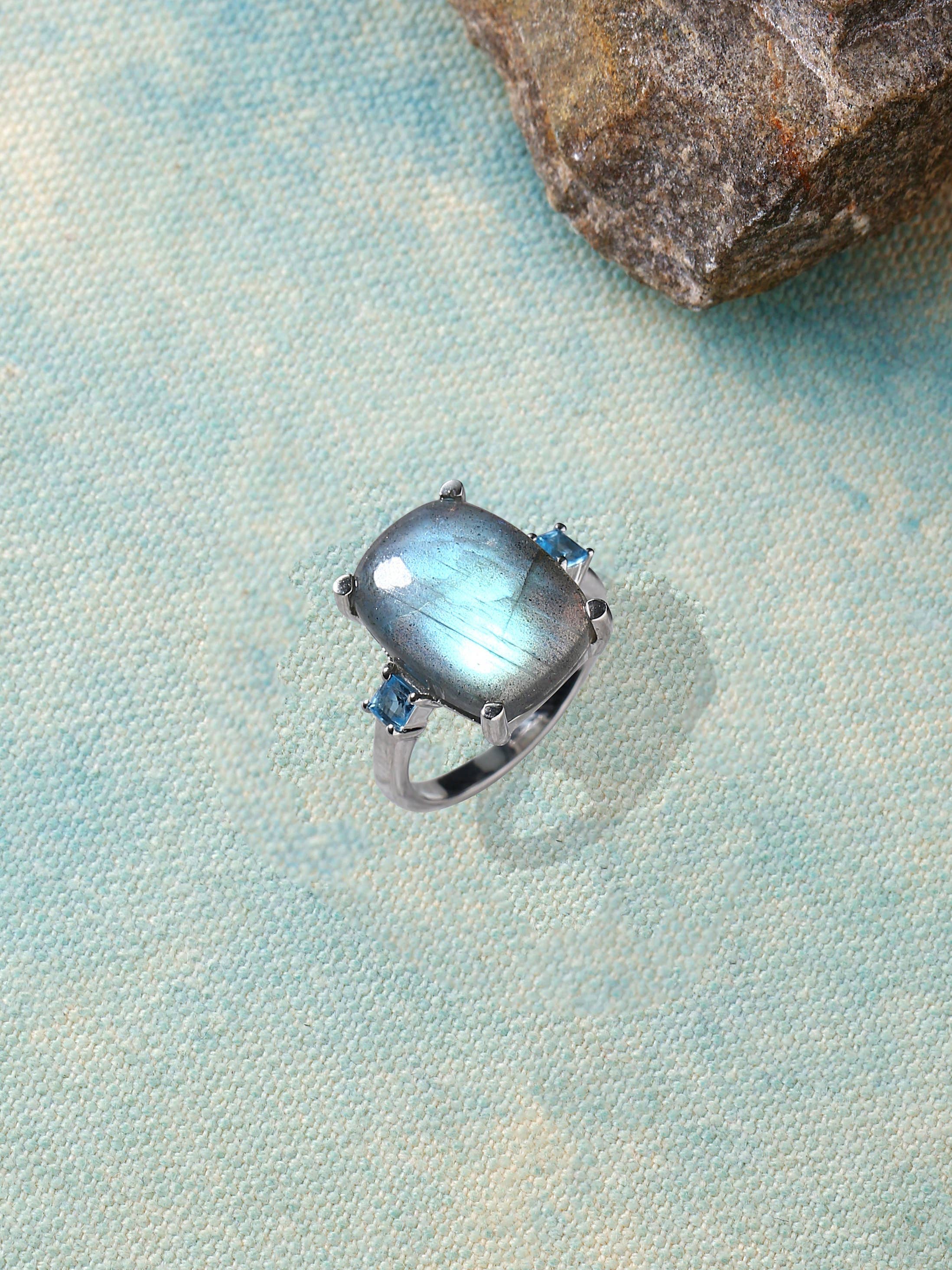 Bague en argent sterling 925 massif Labradorite Topaze bleu suisse